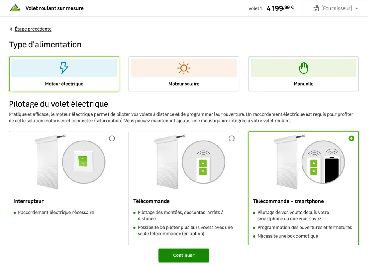 Leroy Merlin – Configurateur volet roulant, étape Type d'alimentation