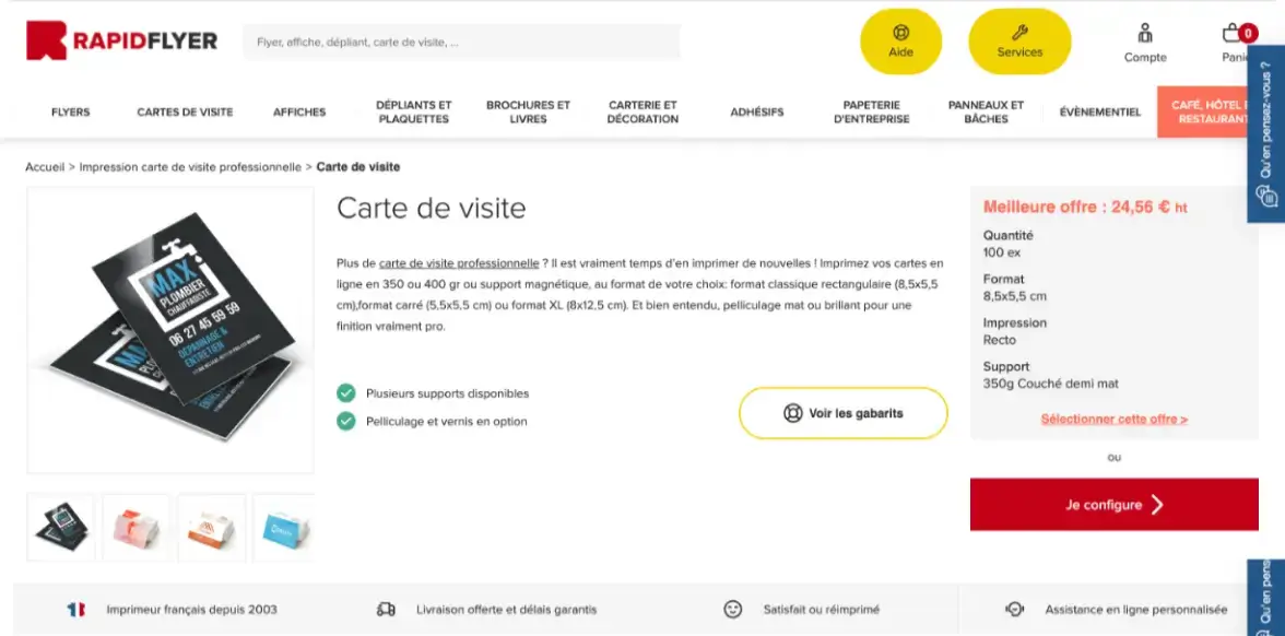 Rapid Flyer – Ancien site, page produit Carte de visite