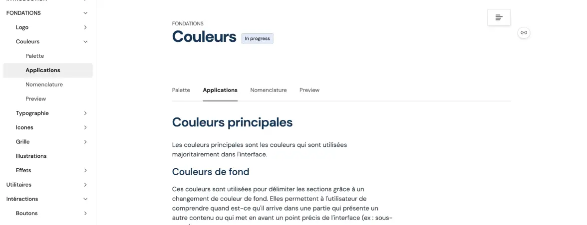 Aperçu de la page Couleurs de la documentation Zeroheight, détaillée dans la légende