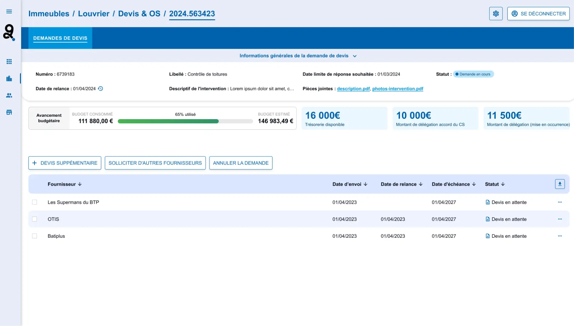 Sergic – Module Travaux, demande de devis